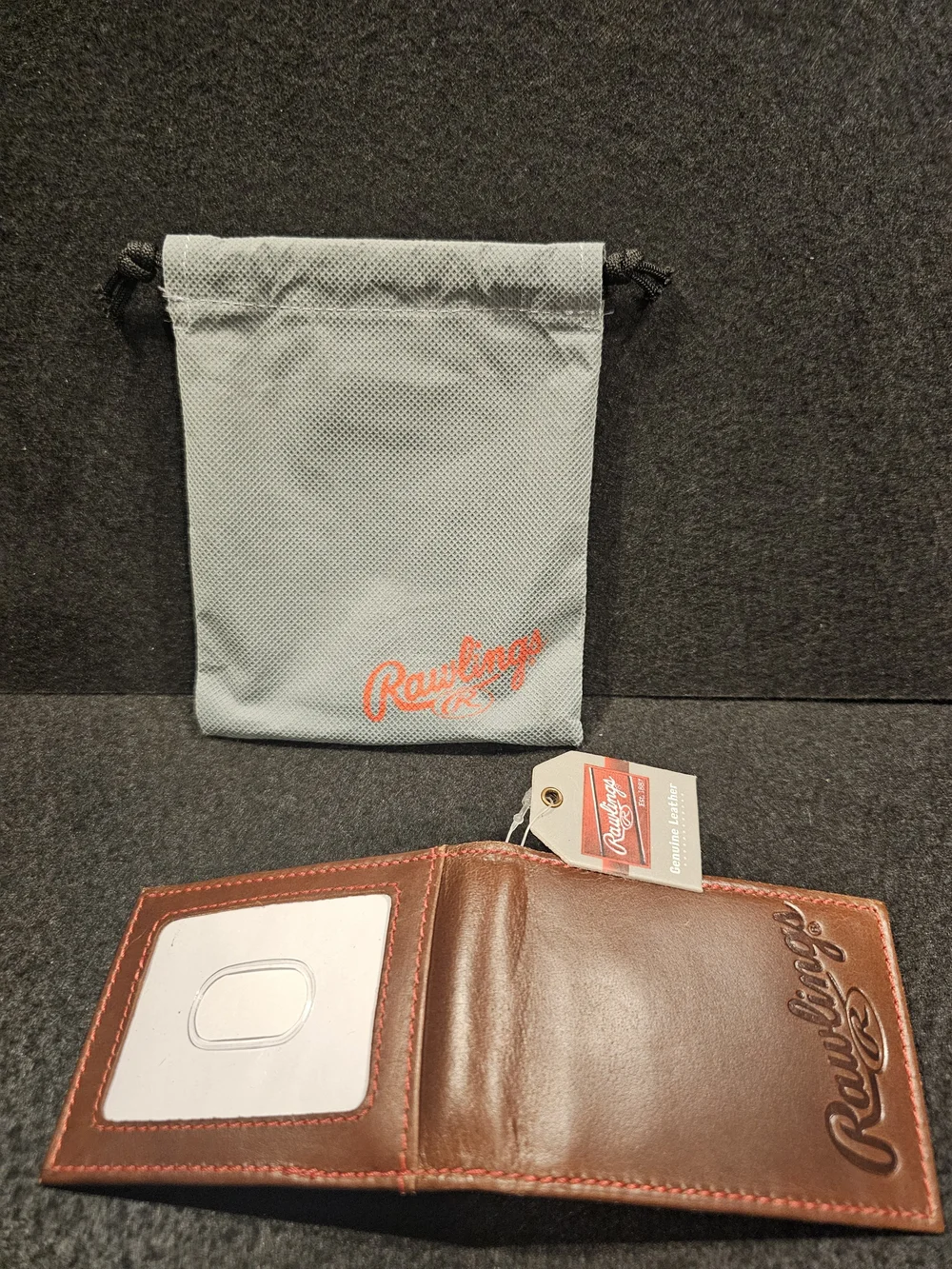 Rawlings Brown Leather Card Holder with Gray Drawstring Pouch